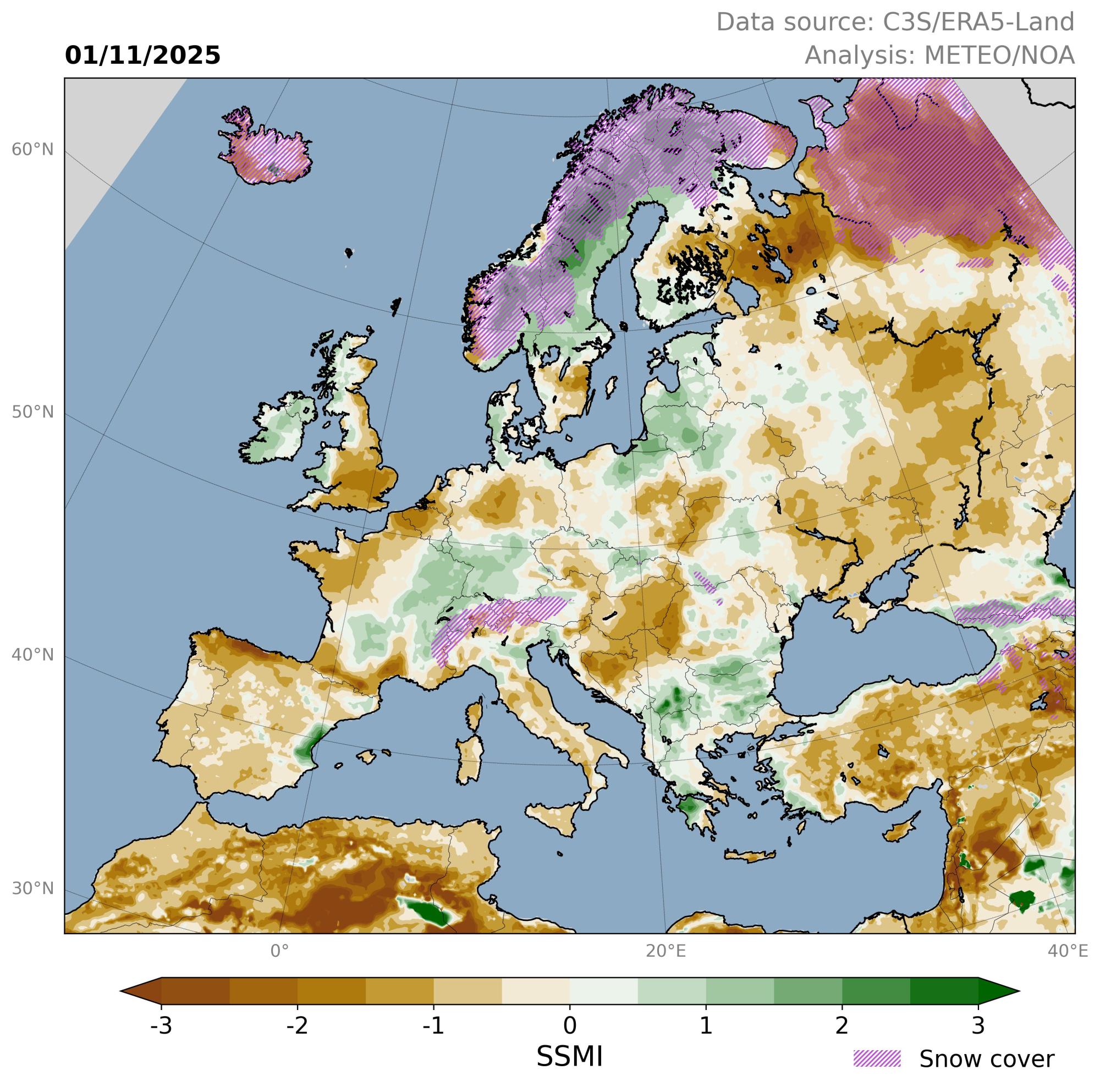 Standardised anomaly in soil moisture in the 28-100cm layer below surface on October 1st, 2025.jpg